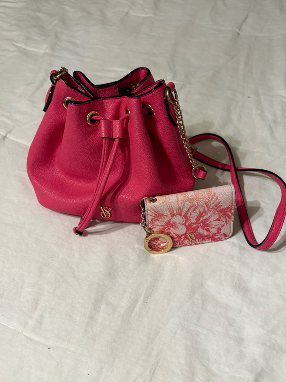 Victoria's Secret Hot Pink Drawstring Mini Bucket Bag with Floral Card Holder